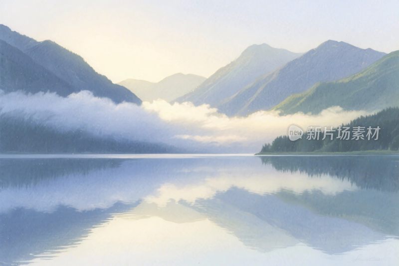 山水湖泊风景插画