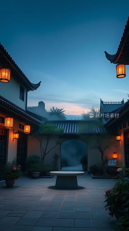 古风庭院夜色灯笼石桌