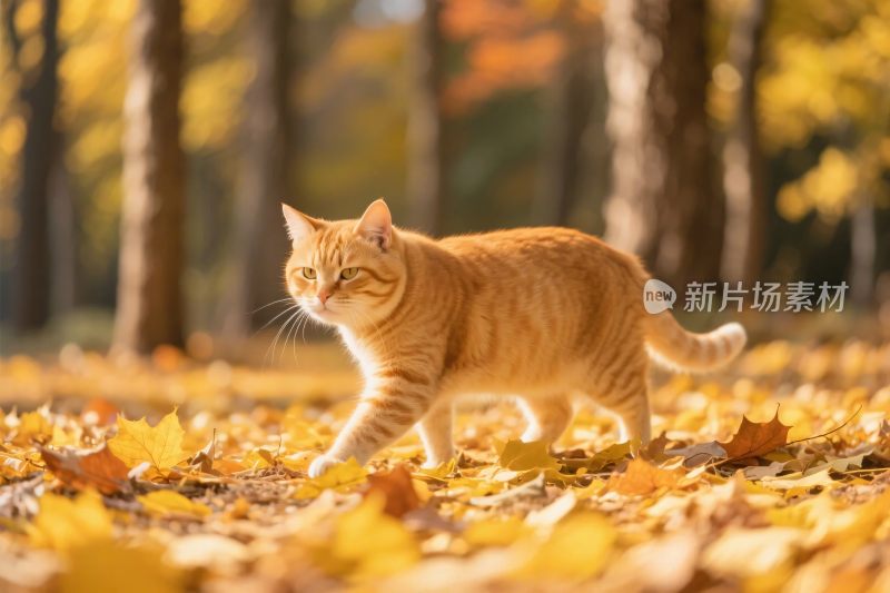 橘猫漫步秋日落叶