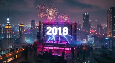 2018跨年夜烟花绽放城市夜景