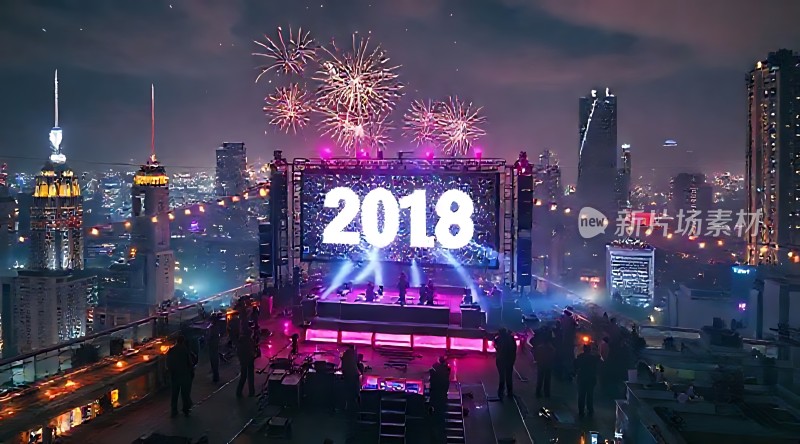 2018跨年夜烟花绽放城市夜景