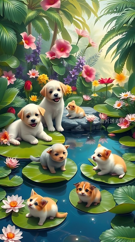 莲叶上的小狗和小猫