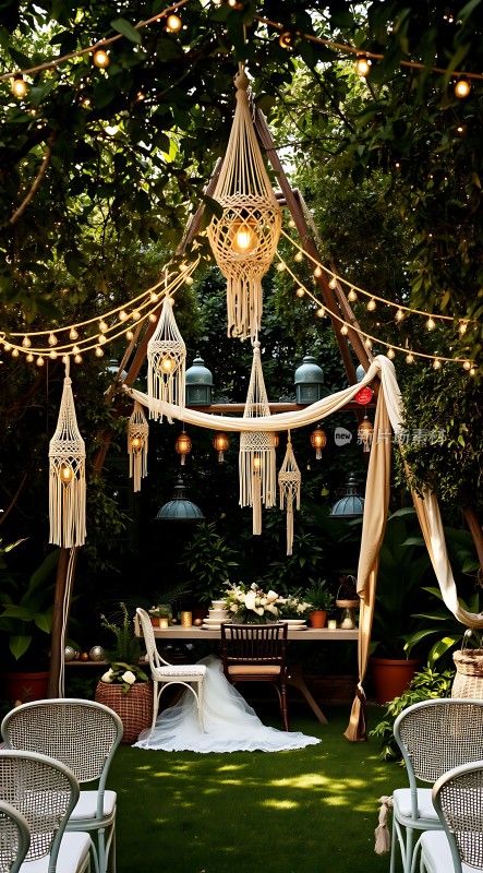 户外婚礼现场绿意盎然灯光璀璨浪漫温馨