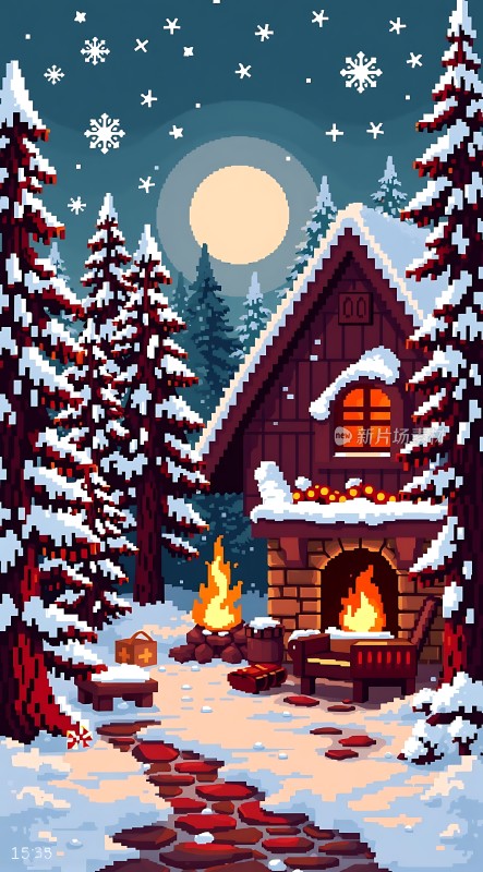 雪夜小木屋温馨 fireplace