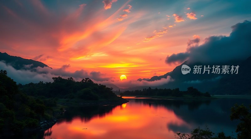 湖畔日出映霞光