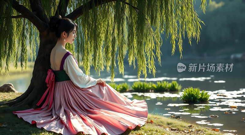 湖畔柳下粉裙佳人静坐