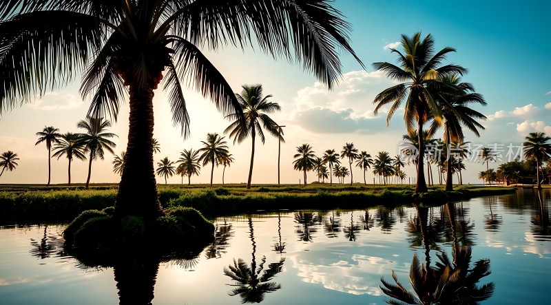 椰林倒影映碧波