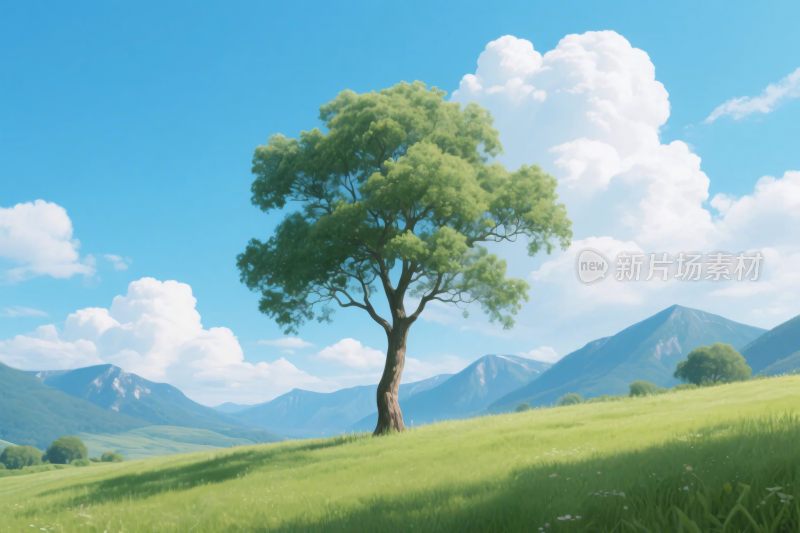 草地孤树风景插画