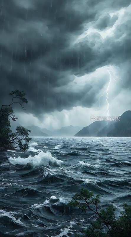 暴风雨中的闪电与海浪