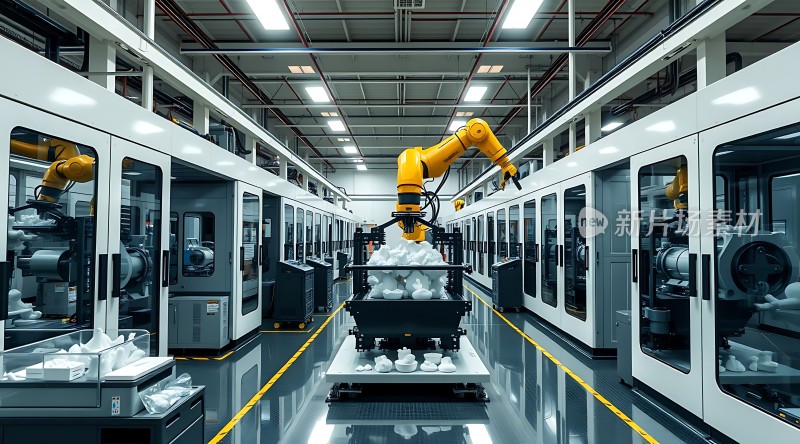 智能工厂生产线上的黄色机械臂操作精密设备