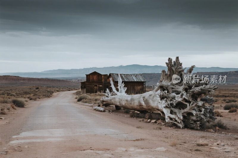 荒漠枯木与老木屋