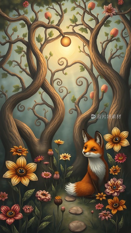 森林小径上的狐狸与花朵