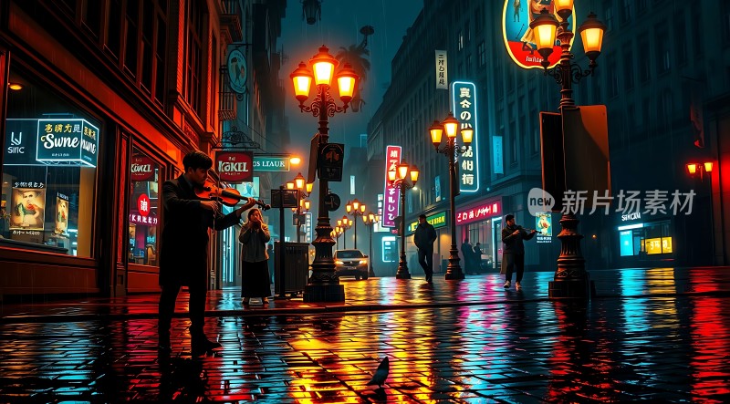霓虹灯下街头演奏者