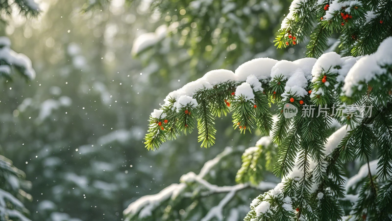 冬季松树枝头积雪自然风光特写图片