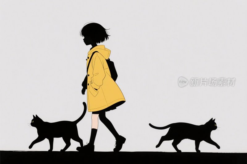 女孩与猫剪影插画