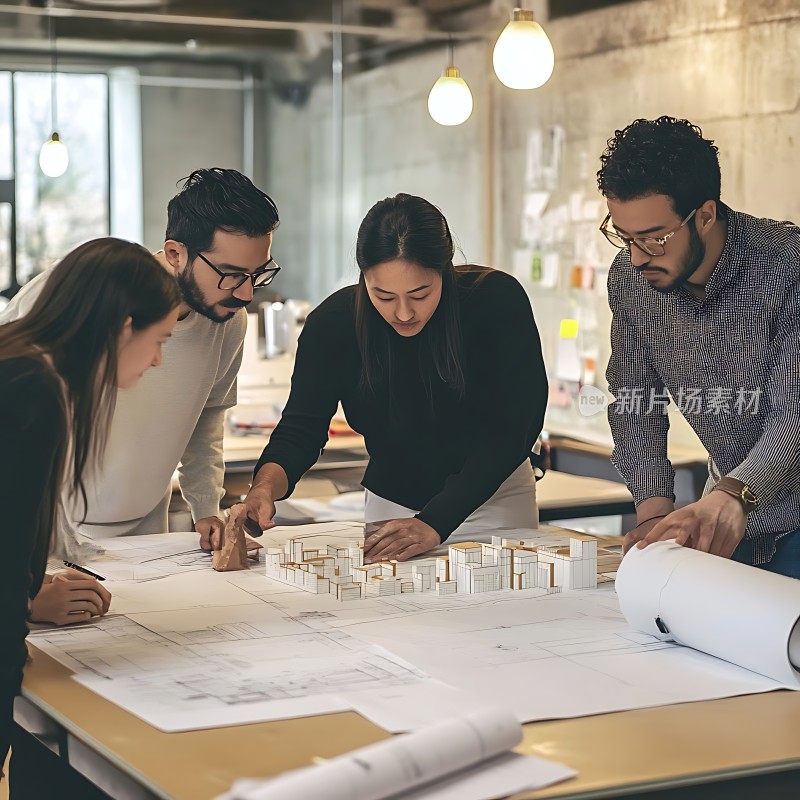 团队协作共同探讨建筑模型设计