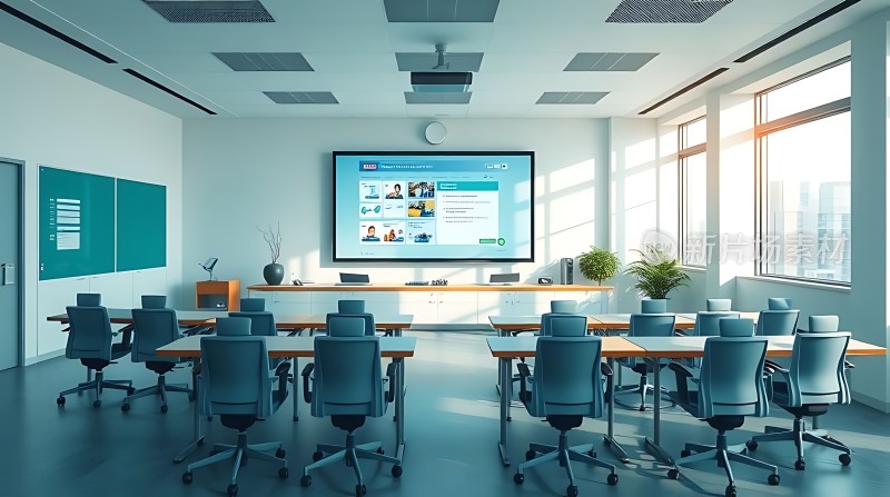 现代会议室大屏幕展示整齐桌椅自然光线充足