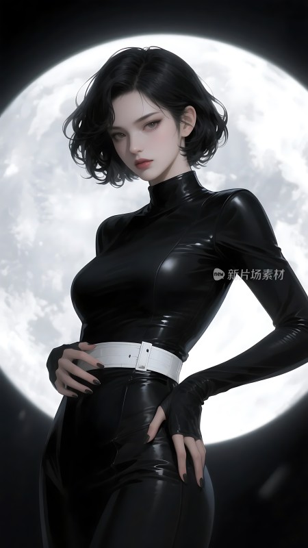 黑色皮衣女白色腰带背景是月亮