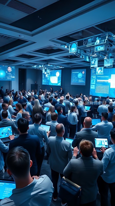 科技会议现场观众专注聆听演讲屏幕展示信息丰富