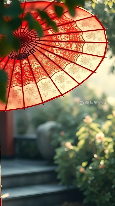 红色油纸伞下的宁静时光