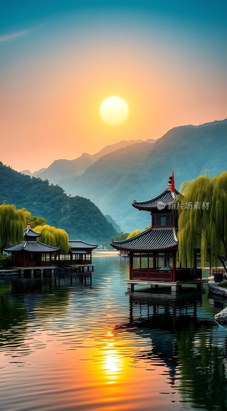 湖边古亭映夕阳