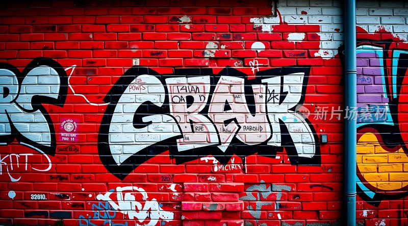 街头艺术墙绘红色砖墙上的涂鸦作品