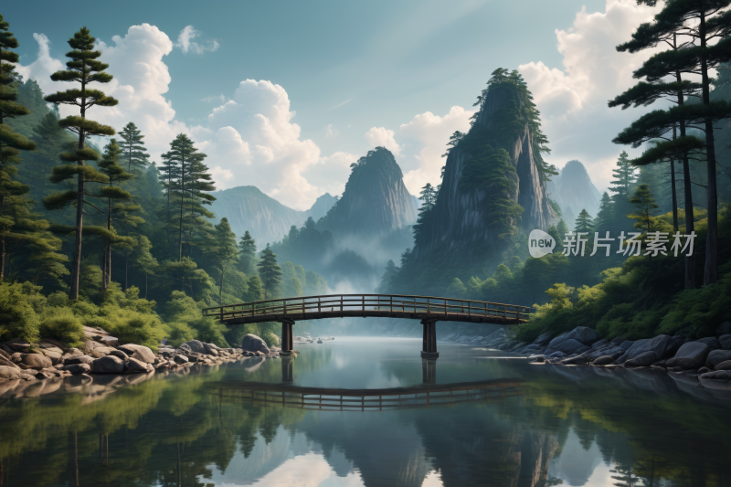 山区一座河桥高清风景插画图片