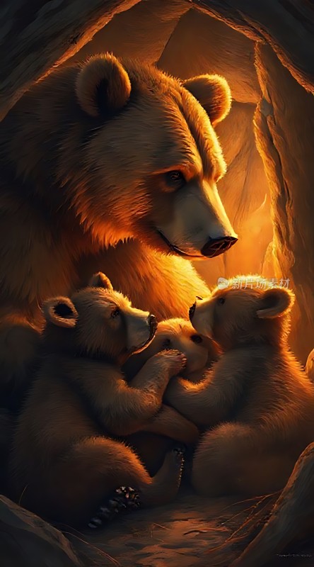 母熊与幼崽温馨时刻