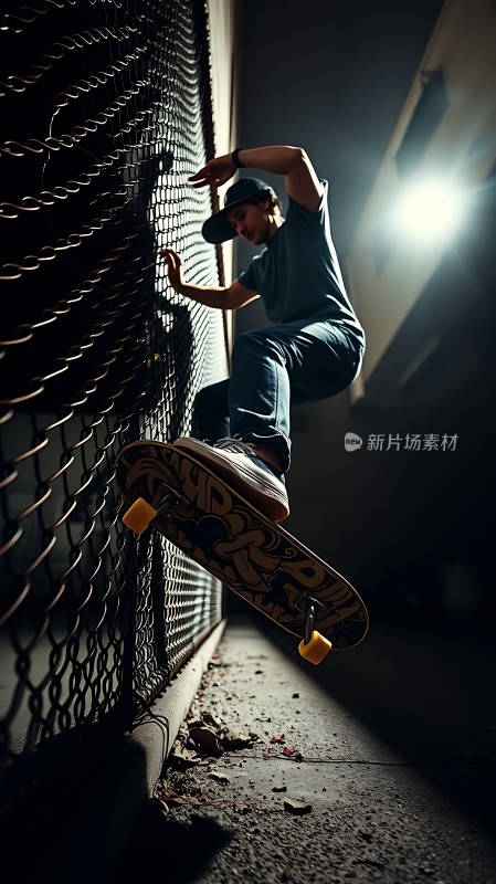 滑板少年跃起瞬间