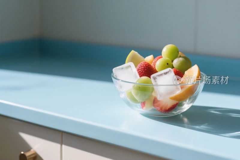 水果冰碗摆浅蓝台面