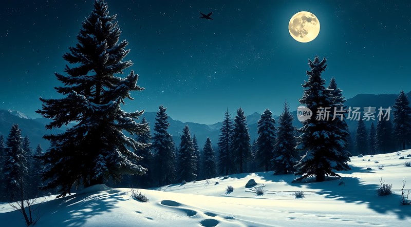 雪夜月下静谧森林