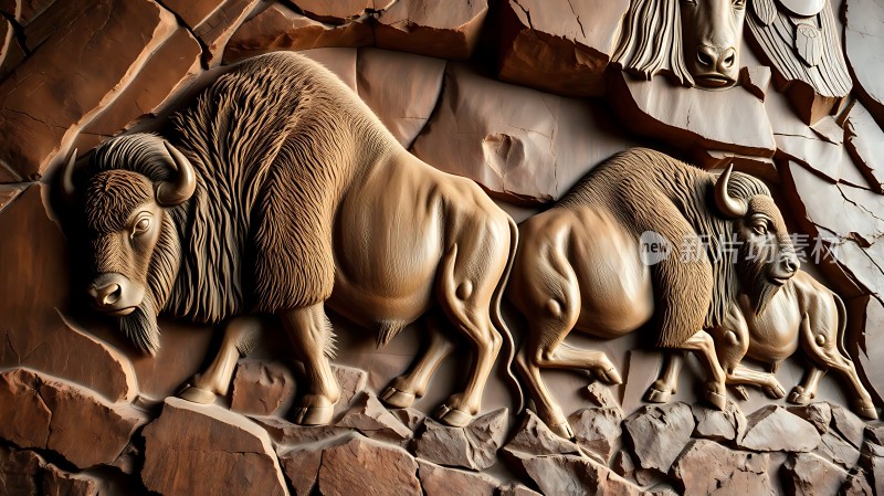 岩壁上的雄壮野牛群雕