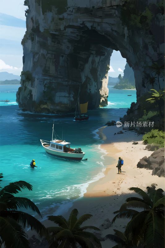 海边洞穴与船只风景图