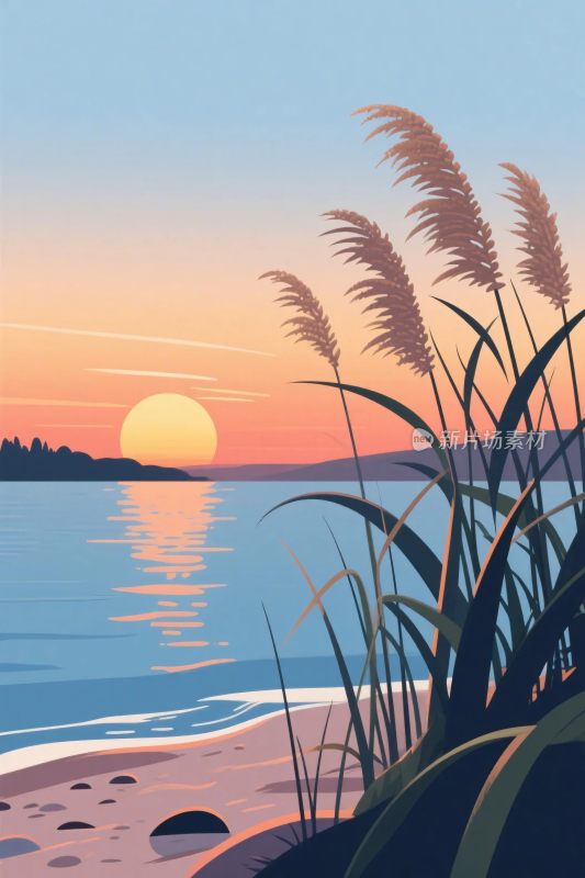 海边日落风景插画