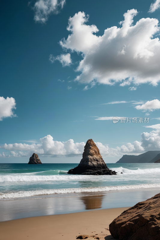 海滩上靠近水边一块大岩石高清风景图片