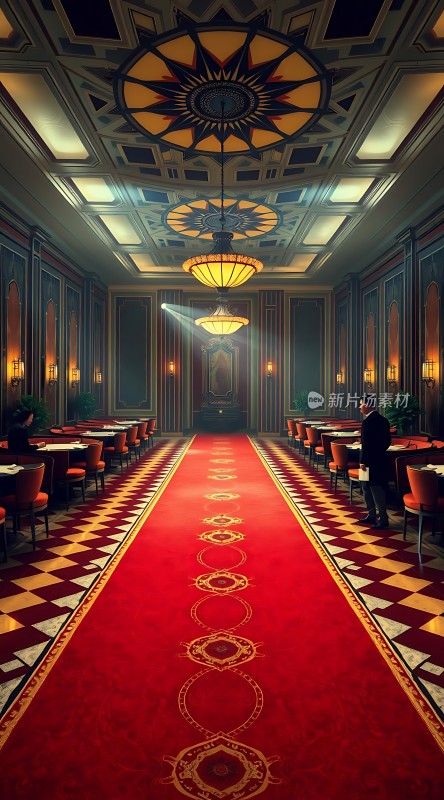 豪华宴会厅红毯铺地吊灯璀璨金碧辉煌