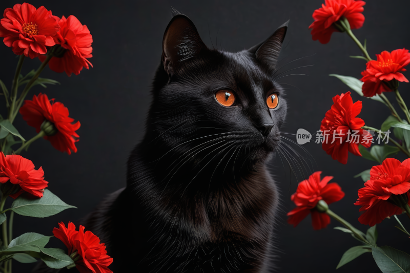 一束红色的花前着一只黑猫高清图片