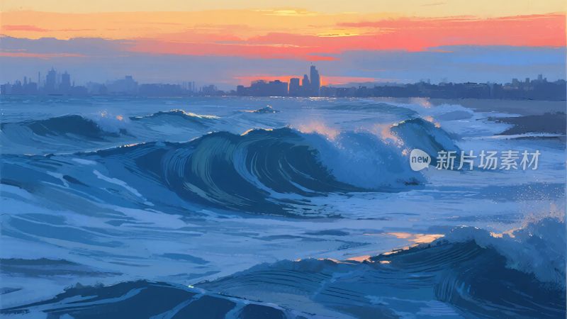 海边日落波浪景象