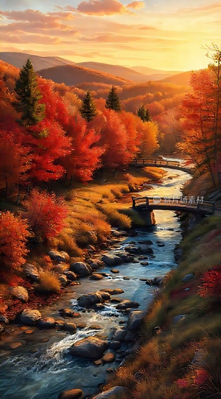 秋日溪流映红枫