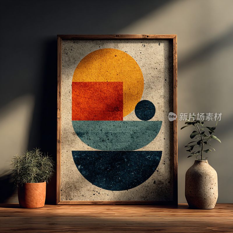 几何图案装饰画与绿植摆件