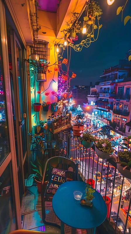 夜幕下的阳台绿意盎然灯光璀璨