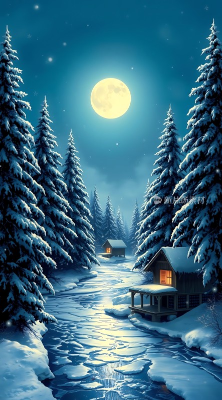 雪夜月光下的静谧小屋