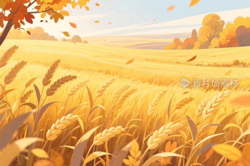 秋日麦田风景插画