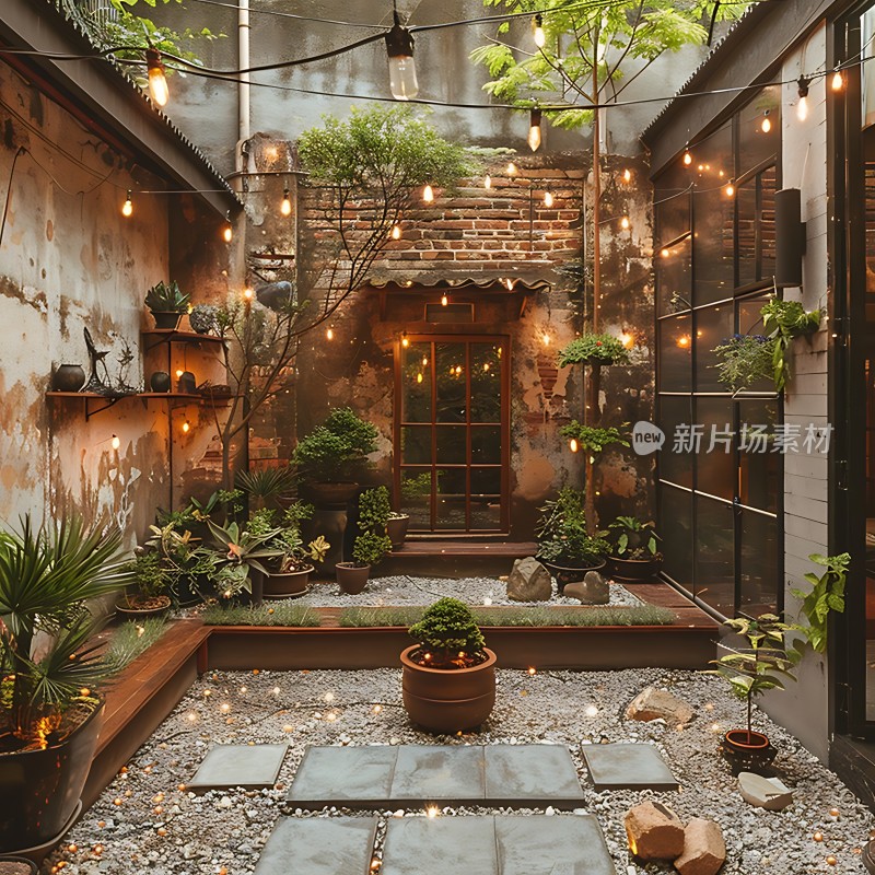 温馨庭院绿意盎然灯光闪烁
