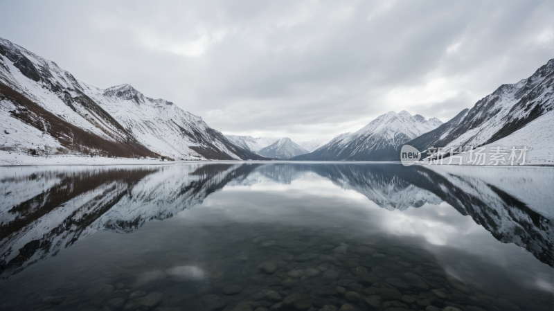 山倒映在有岩石和水的湖中风景图片