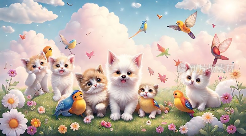 七只小猫与多彩小鸟共舞于花丛间