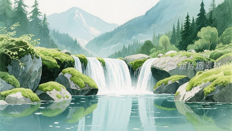 山间瀑布自然风景插画