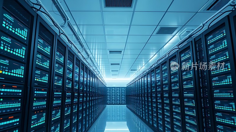 数据中心内部服务器排列整齐灯光闪烁