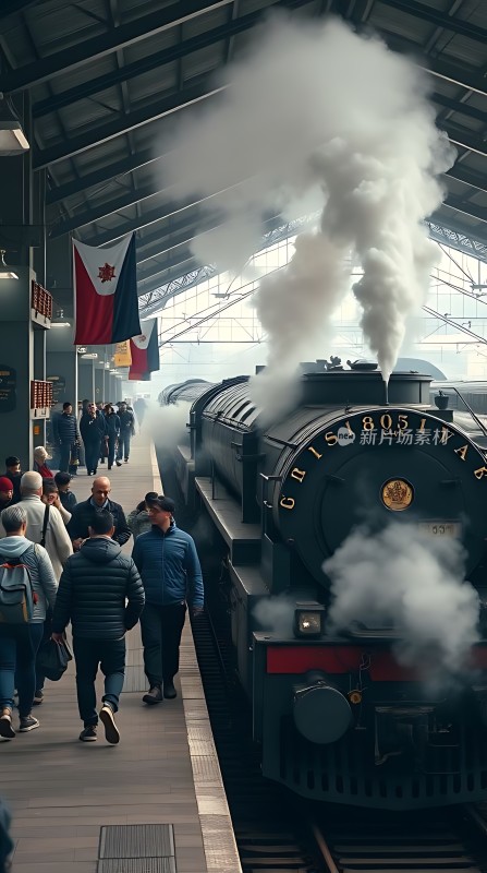 蒸汽火车驶入站台旅客们迎面而来