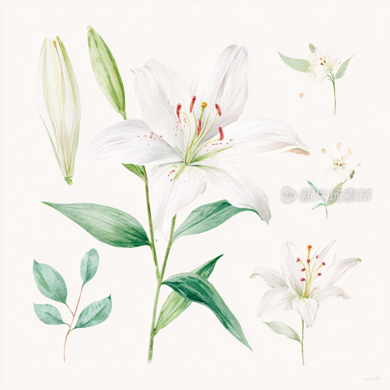 手绘白色百合花及枝叶插画